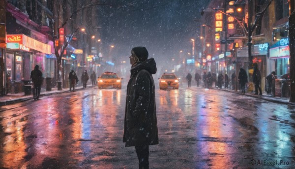 1girl, outdoors, sky, solo focus, hood, tree, coat, dutch angle, night, ground vehicle, building, scenery, motor vehicle, snow, reflection, rain, snowing, city, sign, car, road, winter, lamppost, bare tree, street, traffic light, crosswalk, vanishing point