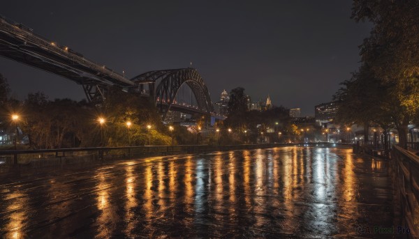 outdoors,sky,water,tree,no humans,night,building,star (sky),night sky,scenery,reflection,city,railing,cityscape,watercraft,bridge,lamppost,river,boat,city lights,lights,starry sky,fireworks,reflective water,ferris wheel