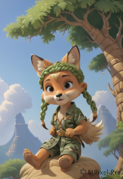 solo,looking at viewer,smile,open mouth,shirt,1boy,animal ears,brown eyes,sitting,tail,full body,braid,short sleeves,male focus,outdoors,green hair,sky,shorts,barefoot,day,belt,artist name,cloud,tree,blue sky,fox ears,:3,fox tail,child,furry,green shirt,furry male,male child,body fur,camouflage,green shorts,animal nose,snout,animal feet,pawpads,1girl,long hair,blonde hair,jacket,boots,open clothes,signature,from behind,twin braids,flat chest,open jacket,animal ear fluff,no humans,watermark,brown footwear,happy,grass,fox girl,furry female,brown belt,brown fur,moss,log