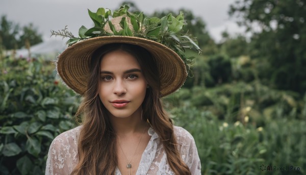 1girl,solo,long hair,looking at viewer,smile,blue eyes,brown hair,shirt,hat,jewelry,white shirt,upper body,outdoors,parted lips,day,artist name,signature,necklace,blurry,lips,see-through,depth of field,blurry background,leaf,plant,portrait,freckles,sun hat,realistic,straw hat,dress,brown eyes,flower,tree,makeup,lipstick,nature,red lips