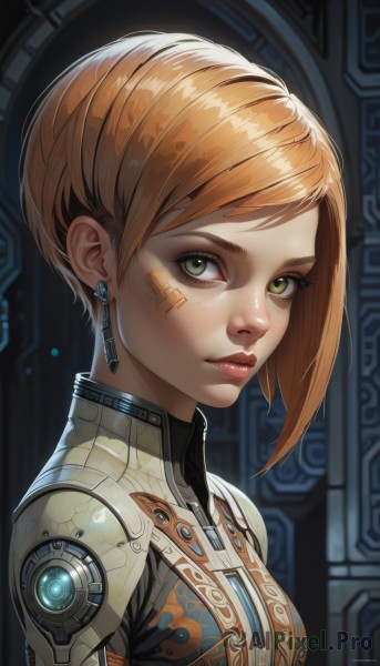 1girl,solo,breasts,looking at viewer,short hair,bangs,blonde hair,brown hair,jewelry,green eyes,upper body,earrings,parted lips,shiny,artist name,signature,orange hair,from side,lips,eyelashes,bodysuit,makeup,swept bangs,bandaid,zipper,freckles,science fiction,nose,bandaid on face,cyborg,cyberpunk,watermark,lipstick,portrait,web address,eyeshadow,eyeliner,bandaid on nose,mascara