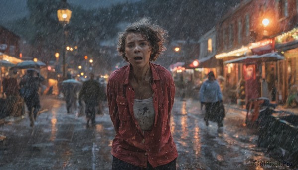 1girl,short hair,open mouth,shirt,black hair,collarbone,jacket,white shirt,outdoors,multiple boys,open clothes,solo focus,pants,blurry,wet,night,umbrella,arms behind back,denim,building,wet clothes,motor vehicle,red jacket,reflection,rain,curly hair,jeans,lantern,realistic,road,wet hair,lamppost,horse,street,puddle,people,looking at viewer,long sleeves,1boy,standing,male focus,sky,teeth,collared shirt,water,black eyes,open jacket,depth of field,blurry background,black pants,ground vehicle,red shirt,night sky,walking,6+boys,running,city,hands in pockets,unbuttoned,wet shirt,partially unbuttoned,crowd,lights,town