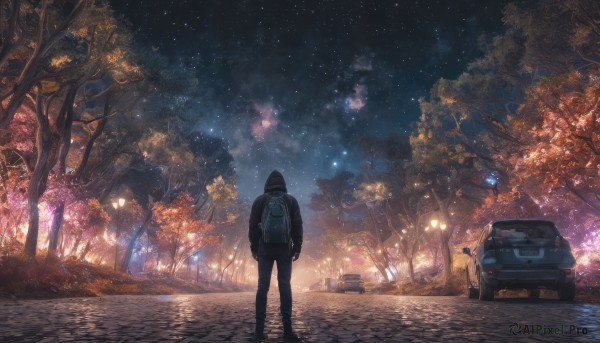 1girl, solo, 1boy, standing, jacket, outdoors, sky, pants, bag, from behind, tree, night, backpack, ground vehicle, star (sky), night sky, scenery, motor vehicle, starry sky, facing away, car, road, dark, lamppost, street