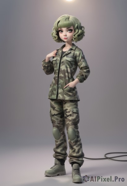 1girl,solo,breasts,looking at viewer,short hair,bangs,long sleeves,green eyes,standing,collarbone,jacket,full body,small breasts,boots,green hair,shoes,pants,blunt bangs,grey background,uniform,lips,grey eyes,military,military uniform,shadow,curly hair,pocket,hand in pocket,knee pads,camouflage,green pants,combat boots,camouflage jacket,camouflage pants,blue eyes,blonde hair