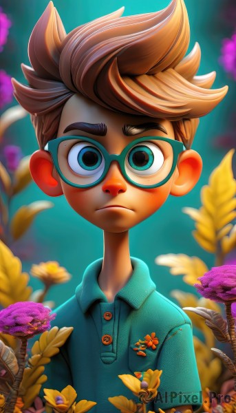 solo,looking at viewer,short hair,blue eyes,brown hair,shirt,1boy,closed mouth,upper body,flower,short sleeves,male focus,outdoors,glasses,collared shirt,artist name,blurry,buttons,blurry background,frown,leaf,blue shirt,spiked hair,child,freckles,yellow flower,green shirt,purple flower,male child,watermark,thick eyebrows,web address,polo shirt