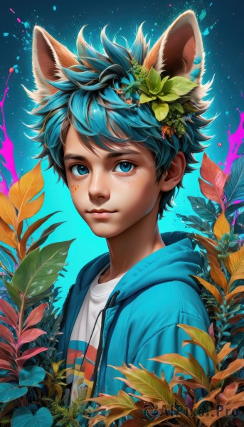 solo,looking at viewer,smile,short hair,bangs,blue eyes,shirt,hair ornament,1boy,animal ears,closed mouth,blue hair,jacket,white shirt,upper body,flower,male focus,green hair,open clothes,artist name,hair flower,hood,open jacket,lips,gradient,fox ears,hoodie,leaf,watermark,blue background,hood down,plant,hooded jacket,extra ears,freckles,nose,open hoodie,paint splatter,gradient background,messy hair,web address,furry,drawstring,furry male,male child,leaf hair ornament,blue hoodie,paint,splatter