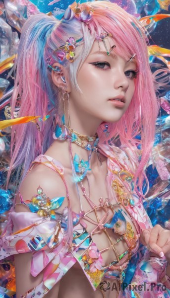 1girl,solo,long hair,breasts,looking at viewer,bangs,hair ornament,bare shoulders,twintails,jewelry,blue hair,collarbone,upper body,pink hair,white hair,multicolored hair,earrings,small breasts,parted lips,teeth,choker,hairclip,necklace,black eyes,two-tone hair,lips,grey eyes,eyelashes,makeup,swept bangs,piercing,gem,ear piercing,revealing clothes,eyeshadow,crystal,realistic,nose,mascara,blue eyes,cleavage,ponytail,nail polish,fingernails,watermark,ring,pink nails,fish,pearl (gemstone)