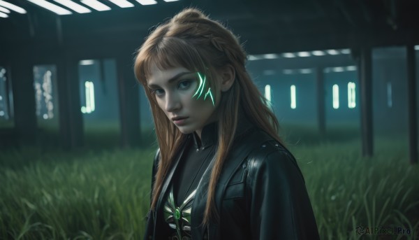 1girl,solo,long hair,looking at viewer,blue eyes,blonde hair,brown hair,jewelry,closed mouth,jacket,upper body,braid,outdoors,necklace,blurry,lips,black jacket,blurry background,glowing,grass,realistic,nose,leather,leather jacket,bangs,facial mark,facepaint