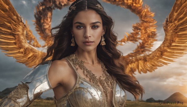 1girl,solo,long hair,breasts,looking at viewer,brown hair,black hair,cleavage,bare shoulders,brown eyes,jewelry,medium breasts,upper body,earrings,outdoors,wings,sky,cloud,dark skin,necklace,armor,dark-skinned female,lips,wavy hair,cloudy sky,feathered wings,mountain,realistic,nose,collarbone,day,angel,gold