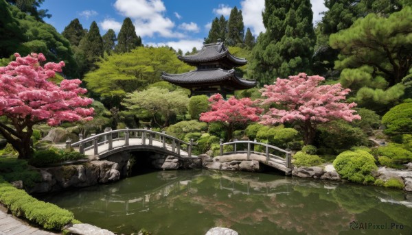 outdoors,sky,day,cloud,water,tree,blue sky,no humans,grass,cherry blossoms,building,nature,scenery,forest,rock,road,architecture,bridge,east asian architecture,river,landscape,path,cloudy sky,reflection,railing,pond,reflective water,real world location