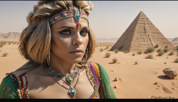 1girl,solo,looking at viewer,short hair,blonde hair,hair ornament,animal ears,brown eyes,jewelry,collarbone,upper body,outdoors,parted lips,day,artist name,dark skin,necklace,dark-skinned female,lips,headband,gem,portrait,circlet,realistic,nose,sand,desert,dust,head chain,brown hair,earrings,sky,letterboxed,scenery,rock,headdress