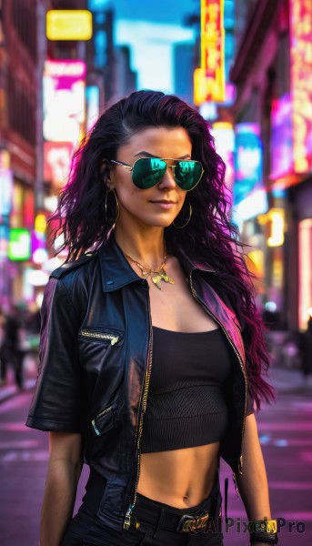 1girl,solo,long hair,breasts,looking at viewer,black hair,navel,jewelry,medium breasts,closed mouth,standing,jacket,purple hair,short sleeves,earrings,small breasts,outdoors,open clothes,midriff,belt,pants,dark skin,necklace,blurry,bracelet,open jacket,dark-skinned female,lips,black jacket,crop top,makeup,blurry background,wavy hair,black pants,sunglasses,denim,casual,buckle,zipper,watch,jeans,hoop earrings,belt buckle,realistic,nose,arms at sides,wristwatch,tube top,leather,tinted eyewear,leather jacket,denim jacket,aviator sunglasses,collarbone,signature,stomach,mole,forehead,city,road,hair slicked back,street,fashion