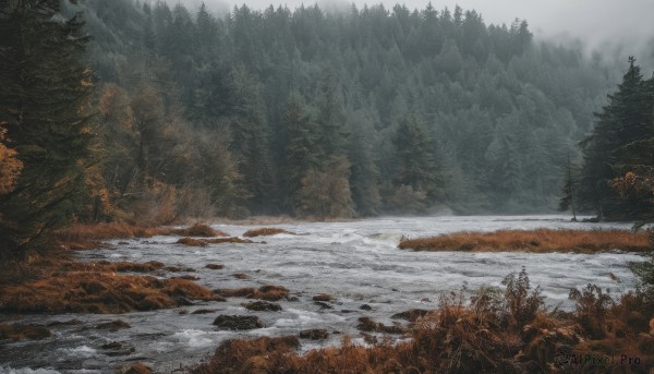 outdoors,sky,day,water,tree,no humans,nature,scenery,snow,forest,rock,mountain,river,landscape,fog,pine tree,cloud,realistic,winter,grey sky,overcast