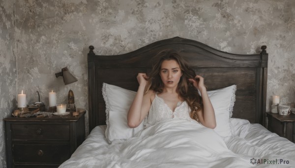 1girl,solo,long hair,looking at viewer,brown hair,brown eyes,lying,parted lips,indoors,on back,cup,lips,pillow,bed,bed sheet,on bed,realistic,blanket,lamp,candle,nightgown,candlestand