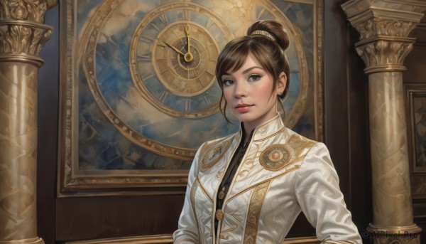 1girl,solo,looking at viewer,short hair,bangs,brown hair,shirt,brown eyes,jewelry,jacket,upper body,earrings,indoors,hair bun,black eyes,lips,grey eyes,makeup,formal,single hair bun,white jacket,lipstick,nose,clock,pillar,gears,arch,closed mouth,uniform,realistic,red lips