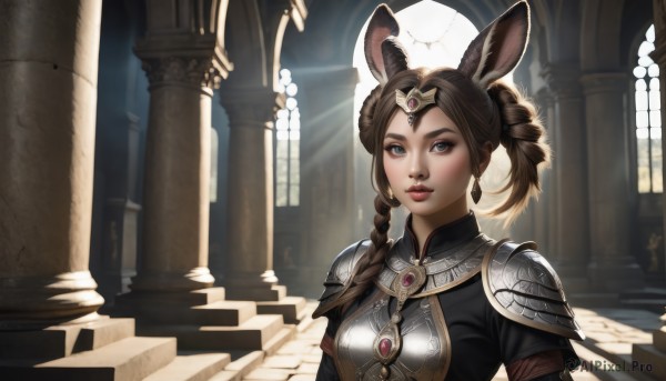 1girl,solo,long hair,breasts,looking at viewer,brown hair,animal ears,brown eyes,jewelry,closed mouth,upper body,braid,parted lips,indoors,armor,rabbit ears,lips,grey eyes,single braid,sunlight,shoulder armor,gem,pauldrons,circlet,breastplate,pillar,arch,viera,column,bangs,blue eyes,twintails,earrings,double bun,backlighting,headpiece