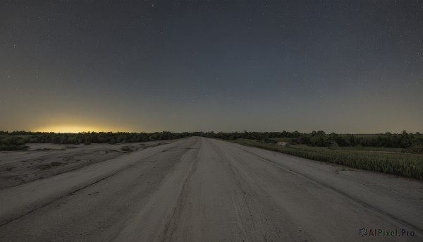 outdoors,sky,tree,no humans,night,grass,star (sky),nature,night sky,scenery,starry sky,sunset,horizon,road,field,landscape,path,hill,sand,gradient sky