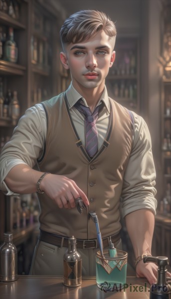 solo,looking at viewer,short hair,brown hair,shirt,black hair,1boy,brown eyes,jewelry,closed mouth,standing,white shirt,male focus,necktie,striped,collared shirt,belt,pants,indoors,blurry,vest,bracelet,cup,lips,grey eyes,muscular,blurry background,facial hair,ring,bottle,sleeves rolled up,watch,realistic,wristwatch,undercut,brown vest,purple necktie,bar (place),blue eyes,holding,dress shirt,tattoo,scar,brown pants