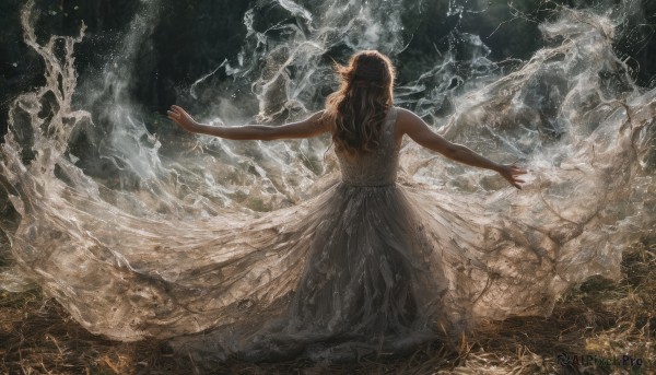 1girl,solo,long hair,brown hair,black hair,dress,bare shoulders,standing,sleeveless,from behind,white dress,see-through,back,outstretched arms,spread arms,facing away,lightning,artist name,bare arms,sleeveless dress,veil,realistic,long dress,dancing,backless dress