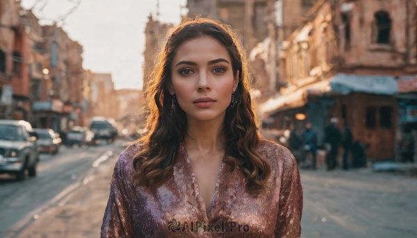 1girl,solo,long hair,looking at viewer,blue eyes,brown hair,shirt,black hair,jewelry,closed mouth,upper body,earrings,outdoors,day,blurry,lips,depth of field,blurry background,wavy hair,expressionless,ground vehicle,building,motor vehicle,snow,forehead,curly hair,city,realistic,nose,car,road,street,dress,parted lips,solo focus,makeup,sunlight,backlighting,real world location