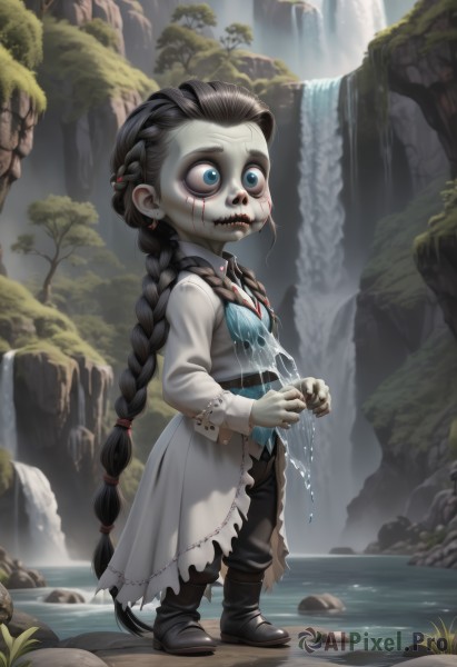 1girl,solo,long hair,blue eyes,black hair,long sleeves,dress,jewelry,very long hair,standing,full body,braid,earrings,boots,outdoors,teeth,belt,pants,water,black footwear,twin braids,tree,wet,colored skin,sharp teeth,child,pale skin,white skin,wide-eyed,rock,female child,stitches,grey skin,zombie,waterfall,shirt,artist name,makeup,fangs,black pants,wet clothes,skull,facepaint,wringing clothes