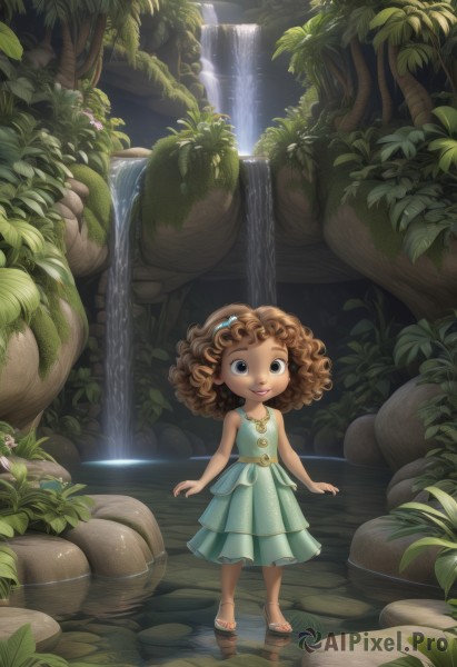 1girl,solo,looking at viewer,smile,short hair,brown hair,hair ornament,dress,brown eyes,standing,hairband,outdoors,sleeveless,dark skin,water,dark-skinned female,tree,lips,blue dress,leaf,sandals,plant,child,nature,reflection,curly hair,rock,female child,ripples,waterfall,blue eyes,bare shoulders,jewelry,full body,parted lips,barefoot,pointy ears,artist name,necklace,bare arms,sleeveless dress,watermark,web address,walking,toenails,green dress,aqua dress