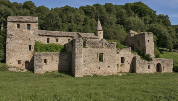 outdoors,sky,day,cloud,tree,blue sky,no humans,window,grass,building,nature,scenery,forest,ruins,house,overgrown,fantasy,bush,wall,castle,church,arch,moss