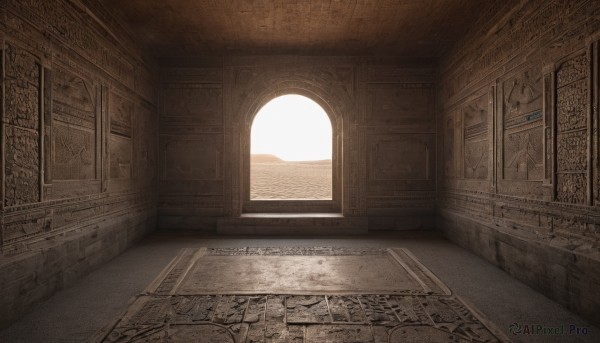 day,indoors,no humans,window,sunlight,scenery,stairs,door,architecture,pillar,hallway,carpet,column,sky,wooden floor,ruins,brick wall,arch