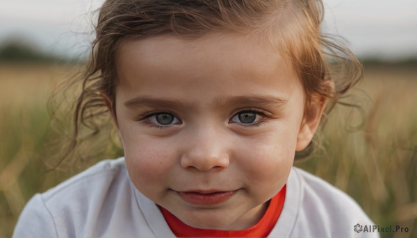 1girl,solo,looking at viewer,short hair,blue eyes,brown hair,shirt,closed mouth,white shirt,blurry,lips,grey eyes,blurry background,child,portrait,freckles,gym uniform,realistic,female child,smile,1boy,male focus,eyelashes,depth of field,close-up,nose