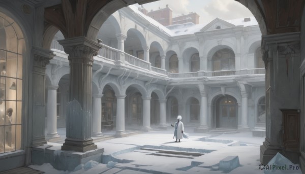 1girl,solo,short hair,long sleeves,1boy,holding,standing,weapon,white hair,male focus,outdoors,sky,day,pants,sword,cloud,indoors,from behind,cape,holding weapon,window,shadow,building,scenery,snow,ice,stairs,door,architecture,ruins,wide shot,pillar,church,arch,gloves,boots,black gloves,scarf,coat,cloudy sky,walking,snowing,white coat