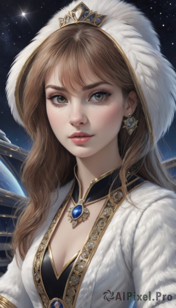 1girl,solo,long hair,breasts,looking at viewer,bangs,brown hair,dress,cleavage,brown eyes,jewelry,medium breasts,closed mouth,green eyes,upper body,earrings,sky,hood,lips,coat,grey eyes,fur trim,eyelashes,makeup,crown,gem,star (sky),starry sky,freckles,realistic,nose,white coat,red lips,blush,parted lips,necklace,night,tiara,night sky