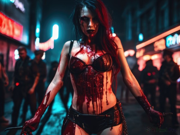 1girl,solo,long hair,breasts,looking at viewer,black hair,gloves,navel,holding,cleavage,medium breasts,underwear,weapon,red hair,multicolored hair,multiple boys,shorts,solo focus,belt,bra,hair over one eye,blurry,two-tone hair,lips,short shorts,blood,makeup,night,blurry background,knife,lipstick,black bra,dual wielding,blood on face,realistic,blood on clothes,zombie,blood splatter,midriff,depth of field,city,black lips