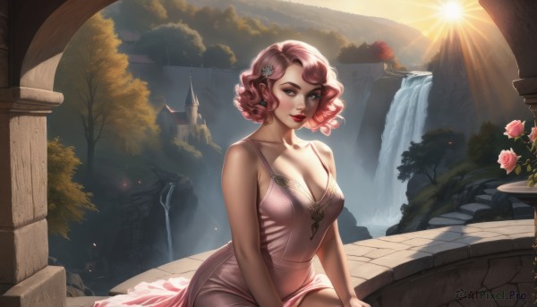 1girl,solo,breasts,looking at viewer,smile,short hair,large breasts,hair ornament,dress,cleavage,bare shoulders,brown eyes,medium breasts,sitting,closed mouth,collarbone,pink hair,flower,outdoors,sleeveless,artist name,hair flower,water,mole,tree,lips,makeup,rose,leaf,sunlight,lipstick,pink dress,pink flower,eyeshadow,curly hair,light rays,nose,sun,red lips,waterfall,fountain,freckles