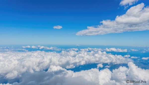 outdoors,sky,day,cloud,water,blue sky,no humans,ocean,cloudy sky,scenery,blue theme,horizon,landscape,above clouds,1girl,solo,flying,very wide shot