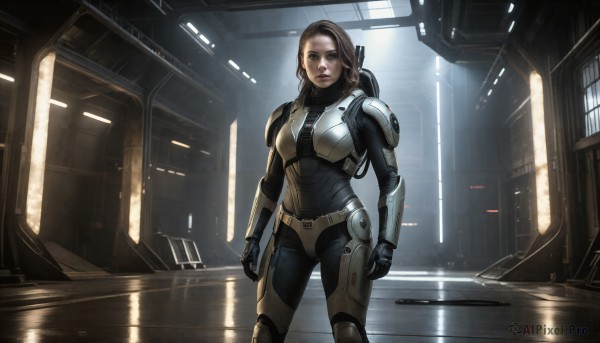 HQ,1girl,solo,long hair,breasts,looking at viewer,brown hair,gloves,brown eyes,medium breasts,standing,indoors,armor,lips,window,bodysuit,reflection,science fiction,realistic,black bodysuit,hallway,pilot suit