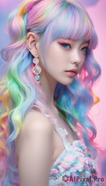 1girl,solo,long hair,breasts,looking at viewer,bangs,blue eyes,dress,bare shoulders,jewelry,medium breasts,closed mouth,blue hair,upper body,pink hair,flower,multicolored hair,earrings,sleeveless,blunt bangs,white dress,from side,lips,eyelashes,aqua hair,gradient hair,makeup,sleeveless dress,wavy hair,piercing,gem,ear piercing,eyeshadow,bouquet,pink lips,realistic,nose,mascara,rainbow hair,parted lips,green hair,artist name,blurry,watermark,lipstick,eyeliner,pearl (gemstone)