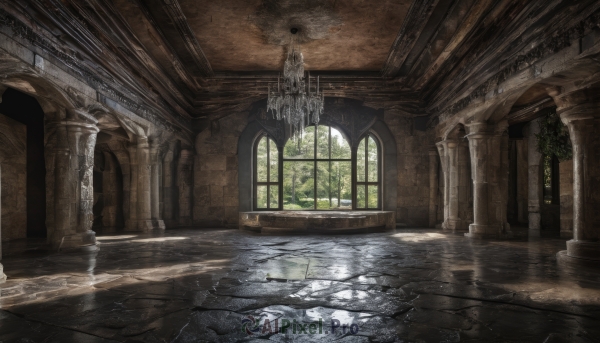 day,indoors,water,tree,no humans,window,sunlight,plant,scenery,reflection,light rays,architecture,sunbeam,ruins,pillar,ceiling,hallway,church,arch,reflective floor,chandelier,overgrown,column,broken window,wooden floor,fantasy,door,tiles,wall,tile floor,broken,statue,floor