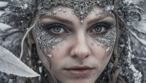 1girl,solo,long hair,looking at viewer,blue eyes,jewelry,closed mouth,grey hair,blurry,lips,grey eyes,eyelashes,depth of field,feathers,gem,portrait,snow,close-up,crystal,realistic,braid,veil,nose