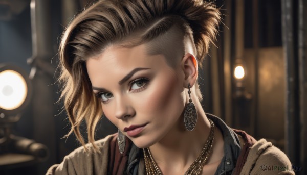 1girl,solo,looking at viewer,short hair,blonde hair,brown hair,brown eyes,jewelry,closed mouth,ponytail,earrings,necklace,blurry,lips,grey eyes,eyelashes,makeup,depth of field,blurry background,lipstick,portrait,forehead,realistic,nose,piercing,eyeshadow,asymmetrical hair,undercut