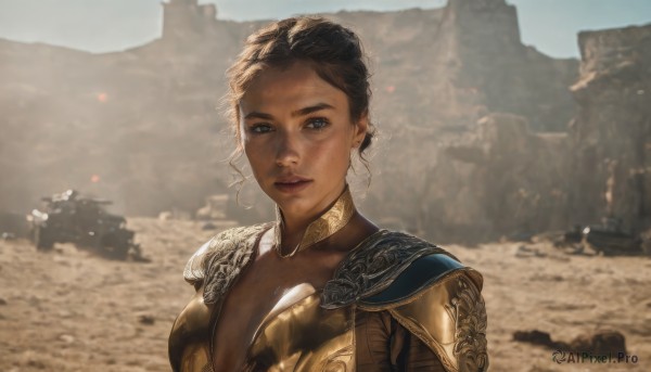 1girl,solo,breasts,looking at viewer,short hair,blue eyes,brown hair,black hair,cleavage,jewelry,medium breasts,upper body,earrings,outdoors,parted lips,day,dark skin,hair bun,armor,blurry,dark-skinned female,lips,blurry background,shoulder armor,freckles,pauldrons,breastplate,realistic,dirty,desert,smile,portrait,gold armor