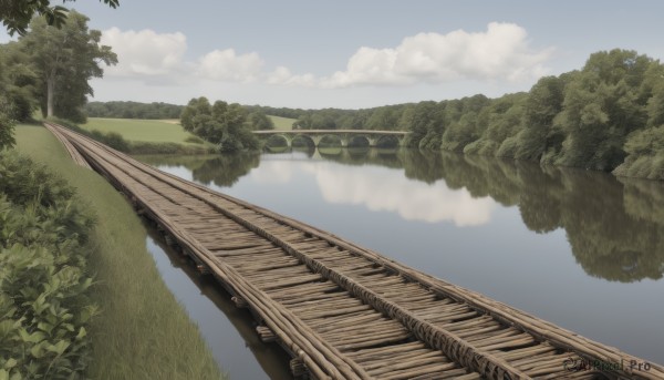 outdoors,sky,day,cloud,water,tree,blue sky,no humans,ocean,grass,ground vehicle,nature,scenery,forest,reflection,bridge,river,railroad tracks,road,bush,landscape,lake