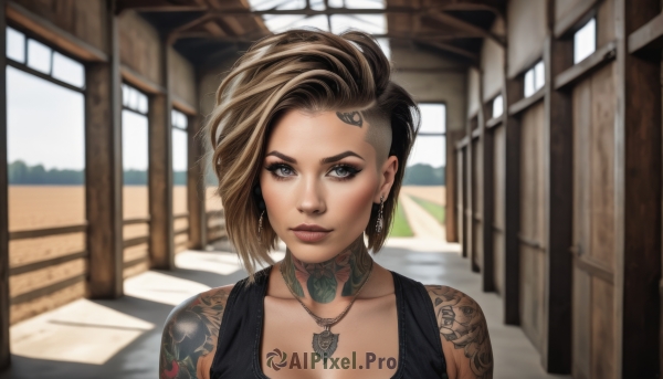 1girl,solo,breasts,looking at viewer,short hair,blue eyes,blonde hair,brown hair,black hair,cleavage,bare shoulders,jewelry,medium breasts,collarbone,upper body,multicolored hair,earrings,outdoors,sleeveless,choker,day,necklace,blurry,lips,grey eyes,eyelashes,tattoo,blurry background,portrait,forehead,asymmetrical hair,realistic,nose,arm tattoo,shoulder tattoo,undercut,makeup,piercing,tank top,lipstick,eyeshadow,eyeliner,mascara