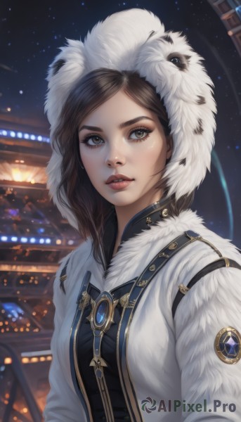 1girl,solo,long hair,looking at viewer,brown hair,brown eyes,jewelry,upper body,outdoors,parted lips,sky,artist name,hood,lips,coat,fur trim,eyelashes,night,brooch,building,gem,star (sky),night sky,starry sky,snowing,realistic,nose,white coat,winter clothes,parka,breasts,bangs,jacket,open clothes,teeth,signature,parted bangs,makeup,hood up,badge