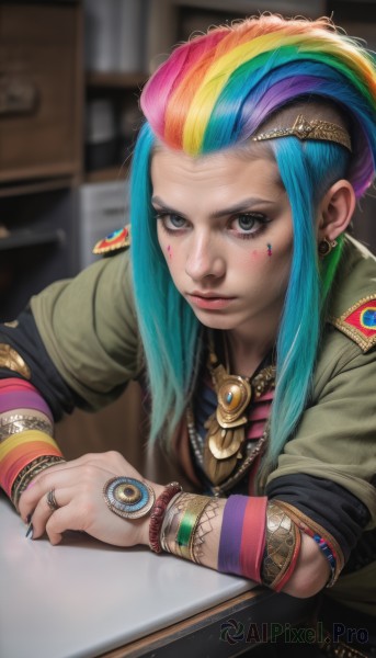 1girl,solo,long hair,looking at viewer,blue eyes,blonde hair,hair ornament,jewelry,closed mouth,blue hair,upper body,pink hair,multicolored hair,earrings,green hair,indoors,necklace,nail polish,blurry,bracelet,two-tone hair,lips,streaked hair,fingernails,grey eyes,eyelashes,aqua hair,tattoo,makeup,depth of field,blurry background,facial mark,piercing,ring,feathers,lipstick,ear piercing,black nails,forehead,sleeves rolled up,eyeshadow,freckles,beads,watch,green jacket,realistic,nose,eyeliner,facepaint,hair pulled back,mascara,multiple rings,thumb ring,green eyes,jacket,artist name,facial tattoo,badge,rainbow hair