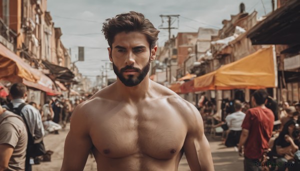 looking at viewer,short hair,brown hair,shirt,black hair,1boy,closed mouth,nipples,upper body,male focus,outdoors,multiple boys,solo focus,day,blurry,muscular,blurry background,facial hair,abs,pectorals,muscular male,building,red shirt,bara,beard,large pectorals,6+boys,topless male,city,mature male,realistic,manly,undercut,chest hair,crowd,arm hair,people,jewelry,white shirt,earrings,sky,bag