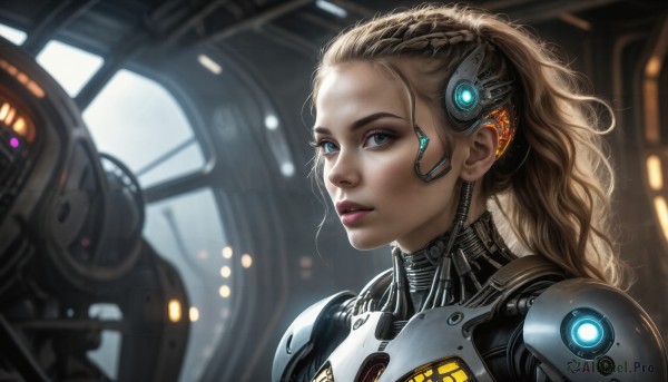 HQ,1girl,solo,long hair,looking at viewer,blue eyes,blonde hair,brown hair,upper body,ponytail,parted lips,armor,blurry,lips,bodysuit,makeup,wavy hair,portrait,science fiction,realistic,nose,cyborg,hair pulled back,power armor,cyberpunk,braid,indoors,signature,from side,looking to the side,eyelashes,depth of field,glowing,headgear,sunlight,robot,lipstick,messy hair,light particles,french braid,close-up,forehead,eyeshadow,headset,machinery,backlighting,pink lips,light,eyeliner,cable,earpiece