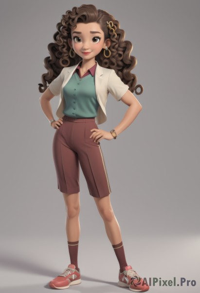 1girl,solo,long hair,breasts,looking at viewer,smile,simple background,brown hair,shirt,hair ornament,brown eyes,jewelry,standing,jacket,full body,short sleeves,earrings,small breasts,open clothes,shoes,shorts,socks,collared shirt,belt,dark skin,grey background,nail polish,bracelet,dark-skinned female,lips,makeup,shadow,wavy hair,thick eyebrows,blue shirt,lipstick,red footwear,sneakers,curly hair,hands on hips,watch,hoop earrings,green shirt,wristwatch,brown shorts,very dark skin,white background,closed mouth,white shirt,artist name,vest