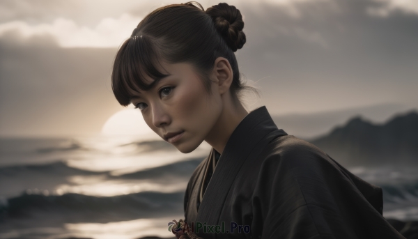 1girl,solo,looking at viewer,smile,short hair,bangs,brown hair,black hair,brown eyes,closed mouth,upper body,outdoors,japanese clothes,sky,cloud,kimono,water,hair bun,blurry,black eyes,lips,depth of field,blurry background,ocean,beach,single hair bun,backlighting,mountain,realistic,nose,black kimono,cloudy sky,portrait,sun