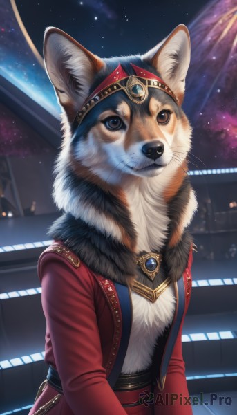 1girl,solo,blue eyes,long sleeves,brown eyes,jewelry,closed mouth,standing,jacket,upper body,outdoors,sky,belt,signature,necklace,black eyes,coat,fur trim,night,animal,watermark,red dress,looking up,brooch,gem,star (sky),night sky,red jacket,furry,starry sky,fur collar,furry female,body fur,animal focus,white fur,whiskers,blue gemstone,red gemstone,looking at viewer,sash,no humans,dog,space,clothed animal