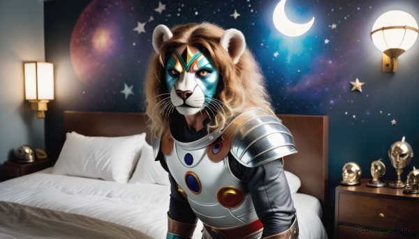 solo,looking at viewer,brown hair,1boy,brown eyes,upper body,male focus,sky,star (symbol),armor,pillow,bed,mask,night,on bed,moon,shoulder armor,star (sky),night sky,furry,starry sky,pauldrons,lamp,shoulder pads,whiskers,red eyes,animal ears,one eye closed,indoors,animal,cat,meme,furry male,crescent moon,panda,lion